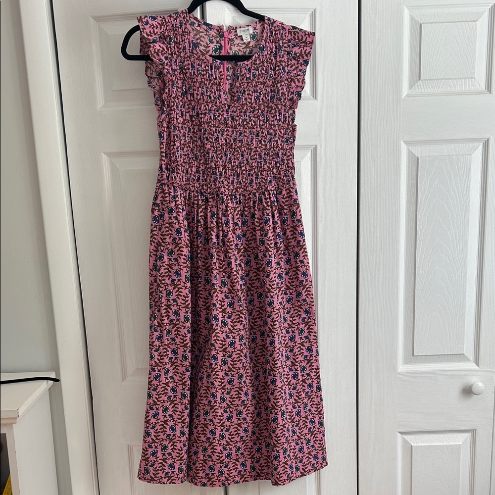 JCREW pink blue floral smocked top midi maxi dress size S pockets back zip